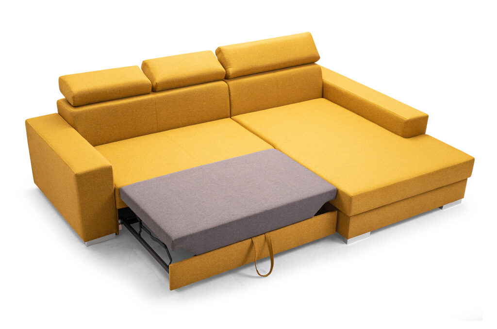 Narożnik rozkładany Mexico de Lux w tkaninie Malmo-41 z regulowanymi zagłówkami i pojemnikiem na pościel