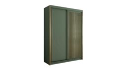 Szafa przesuwna Pesto 150 w zielonym kolorze ze złotymi lamelami, nowoczesny design, pojemne półki i drążki