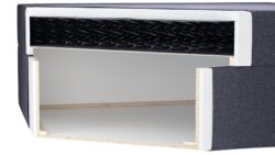 Łóżko tapicerowane Vario 120x200 w tkaninie Kronos-22 z pojemnikiem na pościel i topperem
