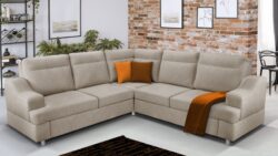 Narożnik rozkładany Vegas Symetryczny w nowoczesnym salonie, tapicerowany tkaniną w jasnym kolorze