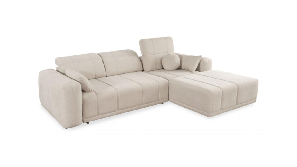 Narożnik rozkładany Ravello I w tkaninie Wind-05, nowoczesny mebel tapicerowany z regulowanymi zagłówkami