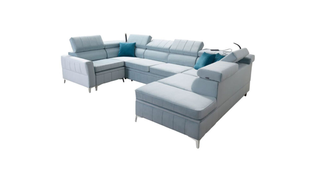 Narożnik U rozkładany Bartez V w tkaninie Amor Velvet-4333 z regulowanymi zagłówkami i pojemnikami na pościel