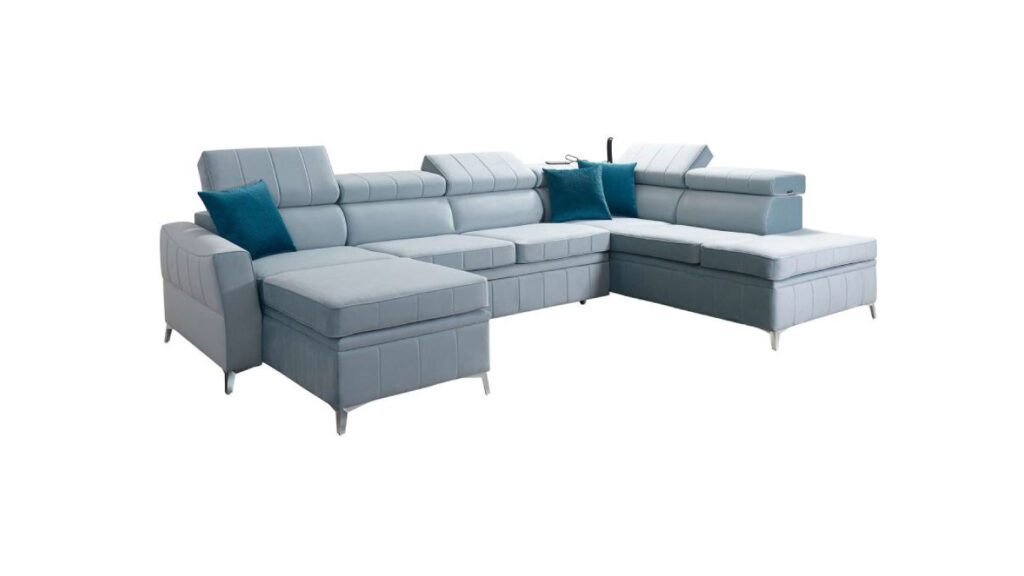 Narożnik U rozkładany Bartez VI w tkaninie Amor Velvet-4333 z regulowanymi zagłówkami i pojemnikiem na pościel