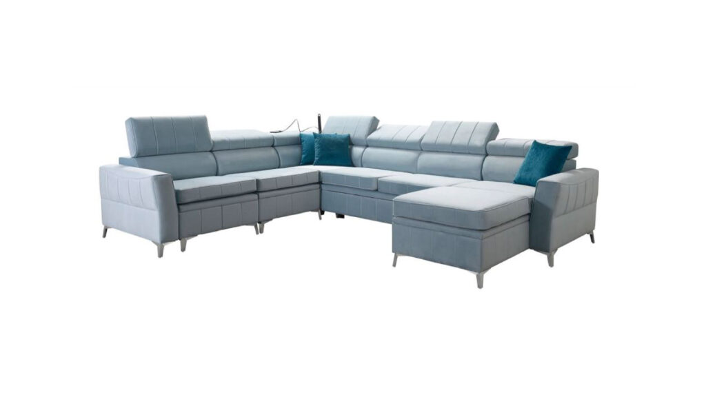 Narożnik U rozkładany Bartez VII w tkaninie Amor Velvet-4333 z regulowanymi zagłówkami i pojemnikami na pościel