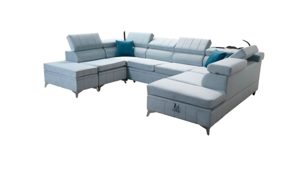 Narożnik U rozkładany Bartez VIII w tkaninie Amor Velvet-4333 w nowoczesnym salonie