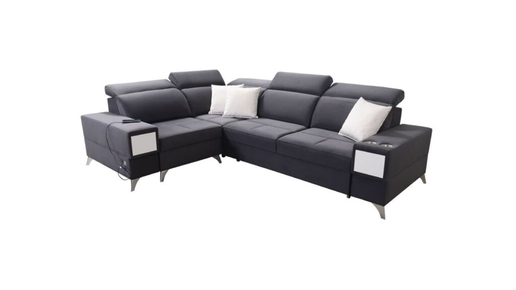 Narożnik rozkładany Deus II w tkaninie Casablanca-2315 z regulowanymi zagłówkami i pojemnikiem na pościel