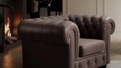 Fotel Chesterfield z głębokim pikowaniem w klasycznym angielskim stylu, dostępny w różnych kolorach tkanin