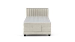 Łóżko tapicerowane Dixon 100x200 w jasnej tkaninie na białym tle, nowoczesny design