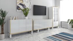 Biała szafka RTV Henry Połysk z metalowymi nóżkami i białymi gałkami, nowoczesny design