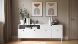 Nowoczesna komoda Dullum z płyty laminowanej o minimalistycznym designie i czarnych uchwytach