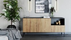 Komoda Lanzzi 180 w kolorze czarny mat i dąb artisan z metalowymi nóżkami i szufladą push click