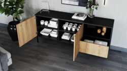 Komoda Lanzzi 180 w kolorze czarny mat i dąb artisan z metalowymi nóżkami i szufladą push click