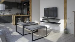Stolik kawowy Nevio Beton z czarnymi stalowymi nogami w stylu industrialnym