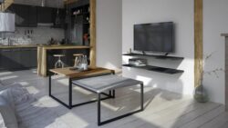 Stolik kawowy Nevio z blatem orzech Burgundia i nogami w stylu industrialnym na czarnej stalowej ramie