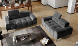 Sofa Plaza 2 osobowa w tkaninie Salvador-15 z regulowanymi zagłówkami i metalowymi czarnymi nóżkami