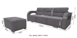 Sofa rozkładana Aliss z wymiarami szczegółowymi i pufem w tkaninie Casablanca-2315