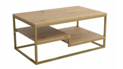 Stolik kawowy Letino z blatem w kolorze dąb artisan i złotym metalowym stelażem w stylu loft