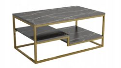 Stolik kawowy Letino z ciemnym blatem marmurowym i złotym metalowym stelażem w stylu loft