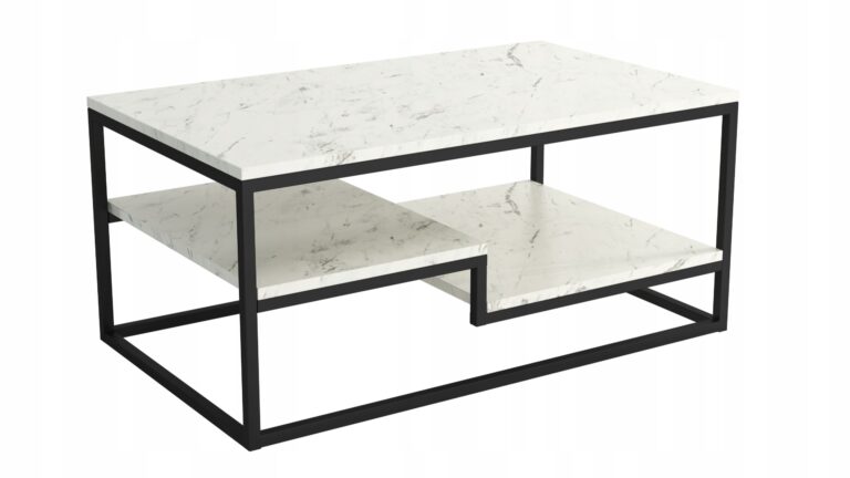 Stolik kawowy Letino z jasnym marmurowym blatem i czarnym metalowym stelażem w stylu loft