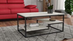 Stolik kawowy Letino z jasnym marmurowym blatem i czarnym metalowym stelażem w stylu loft