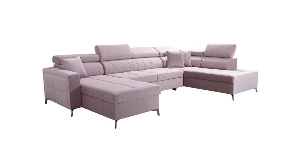 Narożnik U rozkładany Side VI w tkaninie Jaguar-2170 z regulowanymi zagłówkami i pojemnikiem na pościel