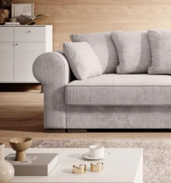 Kanapa rozkładana Deluxe w tkaninie Poso-100 z miękkimi poduchami i funkcją spania