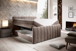 Łóżko tapicerowane Carina 140x200 w tkaninie Riviera-16 z pojemnikami na pościel i eleganckim przeszyciem