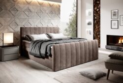 Łóżko tapicerowane Carina 140x200 w tkaninie Riviera-16 z pojemnikami na pościel i eleganckim pikowaniem