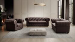 Sofa Chesterfield 2 osobowa tapicerowana naturalną skórą z głębokim pikowaniem i sprężynami falistymi