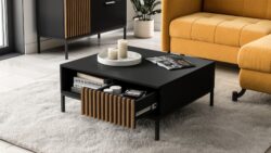 Stolik kawowy Meorati w czarnym matowym kolorze z półką, nowoczesny design do salonu