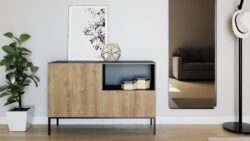Komoda Lanzzi 120 w kolorze czarny mat i dąb artisan z szufladą i szafką na metalowych nóżkach