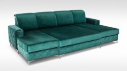 Narożnik rozkładany Borys U z tkaniny, dwa pojemniki na pościel, metalowe nóżki, nowoczesny design