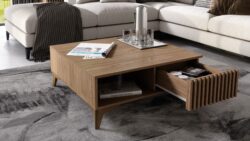 Stolik kawowy Entsian w kolorze dąb artisan z szufladą i półką, nowoczesny design