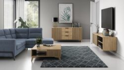 Stolik kawowy Entsian w kolorze dąb artisan z szufladą i otwartą półką, nowoczesny design