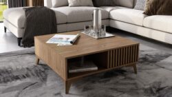 Stolik kawowy Entsian w kolorze dąb artisan z szufladą i półką, nowoczesny design