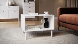 biały stolik kawowy Dullum z półką, drewniane nogi, nowoczesny minimalistyczny design