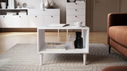 biały stolik kawowy Dullum z półką, drewniane nogi, nowoczesny design, w minimalistycznym wnętrzu