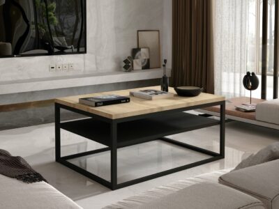 Stolik kawowy Vince z blatem w kolorze dąb sonoma i czarną metalową podstawą oraz półką pod blatem