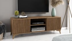Szafka RTV Entsian dębowa z dwoma drzwiami i otwartą półką, nowoczesny design do salonu