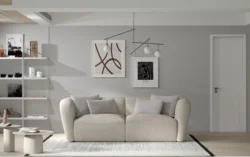 Sofa Candelo 70 w tkaninie Anthology-1 w nowoczesnym salonie, tapicerowana z regulowaną poduszką na głowę