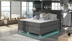 Łóżko kontynentalne Amadeo LED 140x200 w tkaninie Sawana-05 z wysokim zagłówkiem i chromowanymi nóżkami