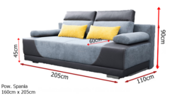 Wymiary kanapy Gregory z funkcją spania 205x75x110 cm, powierzchnia spania 205x160 cm