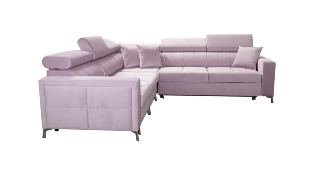 Narożnik rozkładany Side IV w tkaninie Jaguar-2170 z regulowanymi zagłówkami i pojemnikiem na pościel