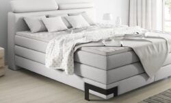 Łóżko tapicerowane Kano 140x200 w tkaninie Austin-18 z regulowanymi zagłówkami i czarnymi metalowymi nóżkami