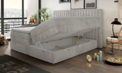 Łóżko tapicerowane Minola 140x200 w tkaninie Riviera-21 z pojemnikami na pościel i eleganckim wezgłowiem