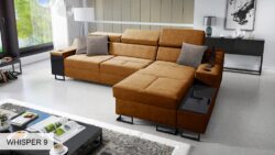 Narożnik rozkładany Alicante I Mini w tkaninie Whisper-16 z czarnymi nóżkami i funkcjonalnym barkiem