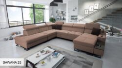Narożnik U rozkładany Alicante X w tkaninie Whisper-16 w nowoczesnym salonie