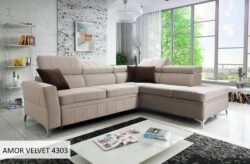 Narożnik rozkładany Bartez III w tkaninie Amor Velvet-4333 w nowoczesnym salonie
