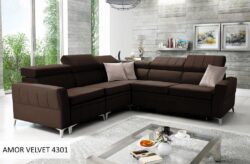 Narożnik rozkładany Bartez IV w tkaninie Amor Velvet-4333 w nowoczesnym salonie