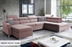 Narożnik U rozkładany Bartez VI w tkaninie Amor Velvet-4333 w nowoczesnym salonie